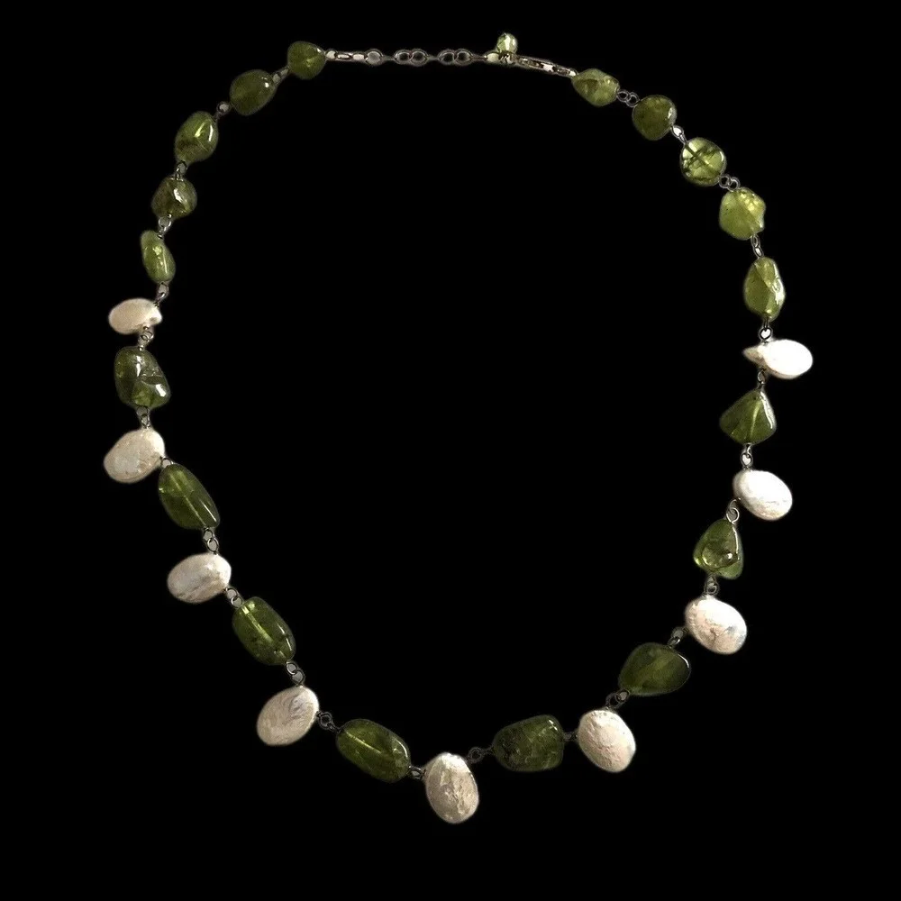 High Luster Freshwater Coin Pearl 17” + 2”extension Necklace Peridot Sterling